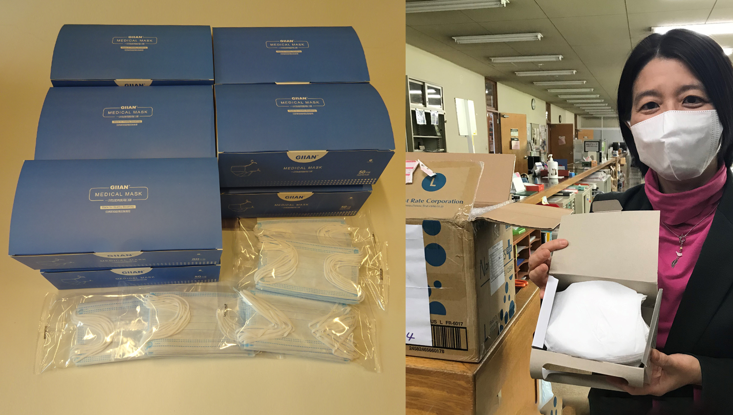 Masks were donated from a current student and a former student , Dean of Students KATO, Etsuko