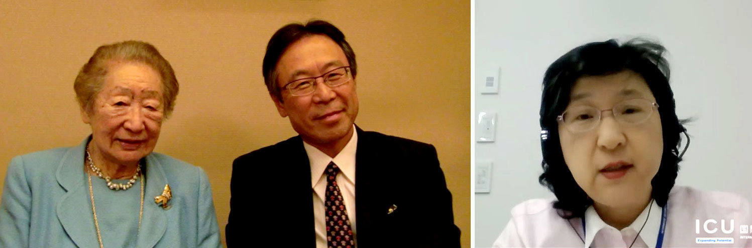 Left photo: Dr. Sadako Ogata and Prof. Yoshikawa [2014]<br> Right photo: Yomiuri Shimbun's Saki Ōuchi speaking of the achievements of Dr. Sadako Ogata